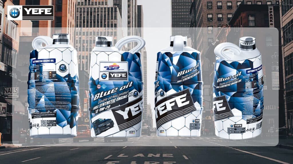 Four containers of YEFE Blue Oil Full Synthetic Engine Oil SP 0W-20 displayed against an urban cityscape background. This premium lubricant is engineered for stop-and-go city driving, offering double oil film protection to combat fuel dilution, sludge formation, and thermal stress. Ideal for modern engines facing frequent idling, short trips, and high contamination risks in urban environments.