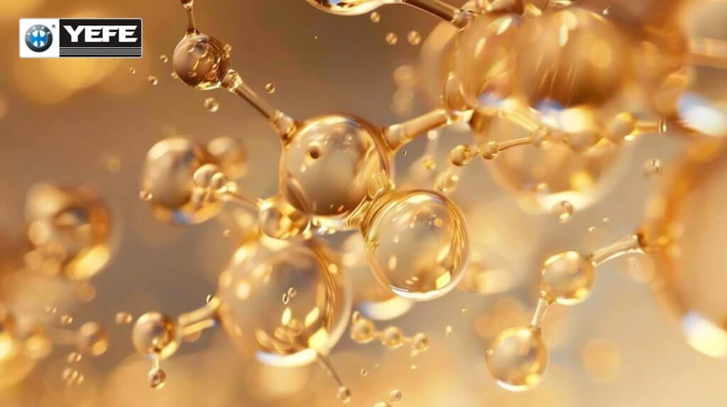 A microscopic visualization of the molecular structure of YEFE fully synthetic engine oil, showcasing the uniform, chemically engineered base stocks and advanced additive package. This detailed view highlights the oil's superior thermal stability, oxidation resistance, and low-temperature fluidity, which are critical for protecting modern engines under extreme stress. The image demonstrates the scientific foundation behind YEFE's high-performance lubricants, emphasizing their ability to maintain viscosity, reduce wear, and extend engine life compared to conventional or semi-synthetic oils.