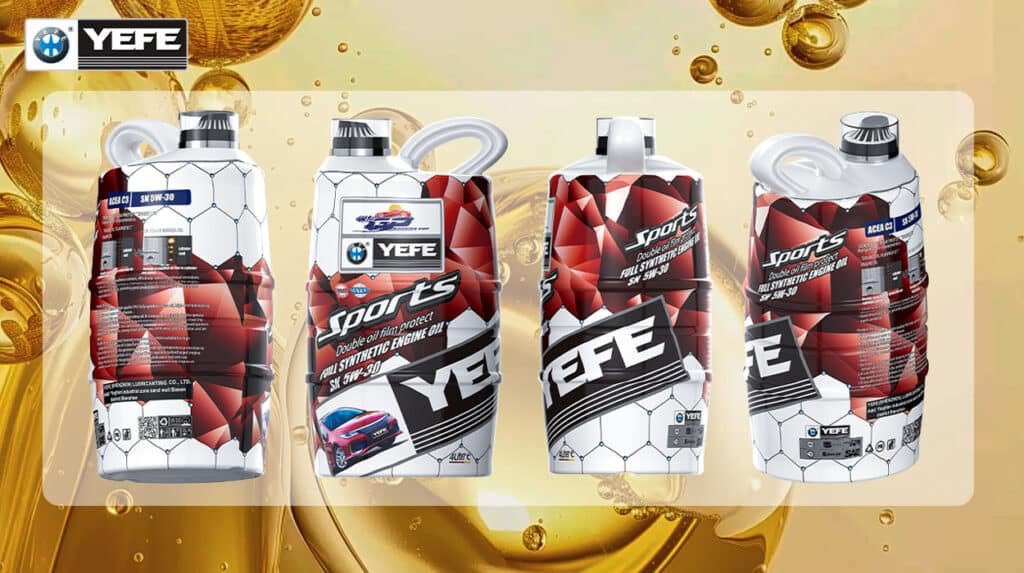Four cans of YEFE Sports 5W-30 full synthetic engine oil are displayed, featuring the brand's distinctive red and white packaging with 'Double oil film protect' technology. This image supports the article "Why Distributors Choose Engine Oil Manufacturers Instead of Traders" by showcasing a premium, consistent product line. Sourcing directly from an engine oil manufacturer like YEFE ensures distributors benefit from strict in-house quality control, batch-to-batch consistency, and reliable supply chain management, which are critical for building long-term brand credibility and avoiding the risks associated with trading companies.