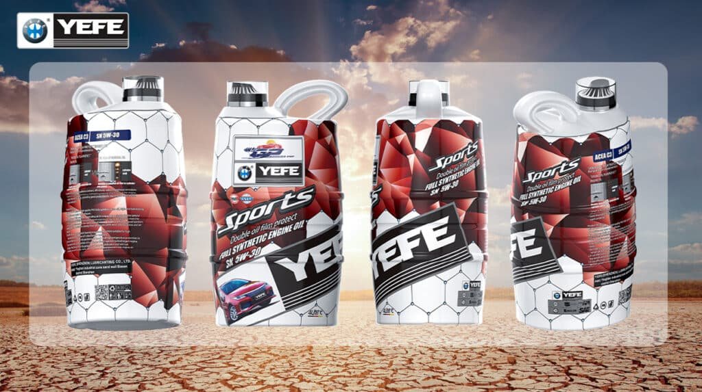 Four containers of YEFE Sports Full Synthetic Engine Oil 5W-30 displayed against a backdrop of a sun-scorched desert, showcasing the product's advanced formulation designed to combat the challenges of high-temperature regions. This heat-resistant lubricant features superior oxidation resistance, thermal stability, and high-temperature viscosity retention, ensuring reliable engine protection against wear, sludge, and premature oil failure in extreme heat, as detailed in the article on engine oil performance in hot climates.