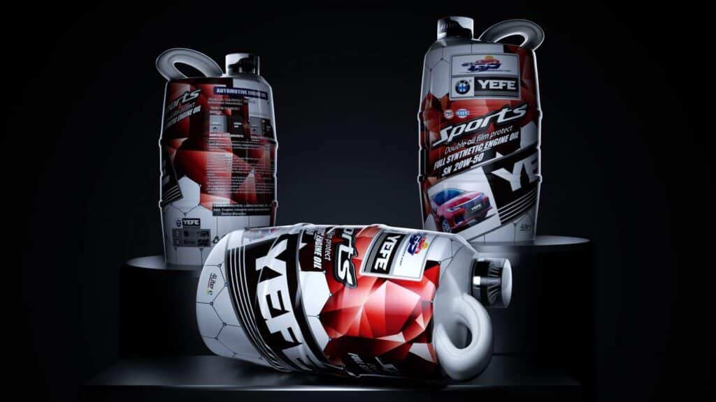 Three containers of YEFE Sports Full Synthetic Engine Oil SN 20W-50 displayed on a dark background, showcasing the product's premium design and "Double oil film protect" technology. This high-performance lubricant is formulated to maintain stability and provide superior protection, even in demanding conditions. The image reinforces the article's message by presenting a high-quality, single-source oil solution, emphasizing that using a consistent, compatible oil is the best strategy to avoid the risks associated with mixing different engine oils and ensure long-term engine reliability.