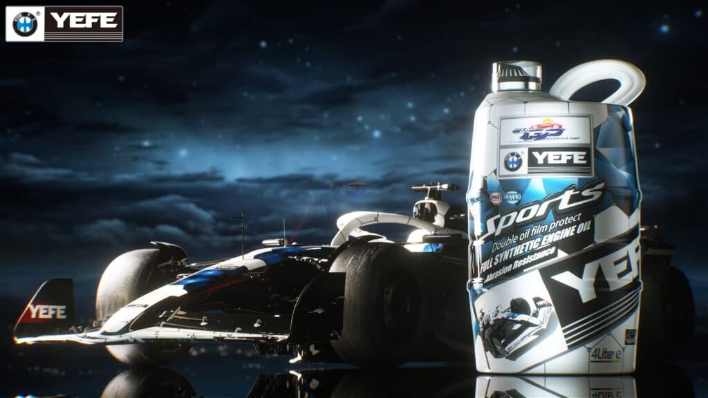 A high-performance YEFE Sports full synthetic engine oil bottle is prominently displayed next to a Formula-style race car under a dramatic night sky. The label highlights key technical features including "Double oil film protect," "Abrasion Resistance," and "Full Synthetic Engine Oil," emphasizing its suitability for extreme conditions and high-RPM applications. The image visually reinforces the product's alignment with racing standards and advanced lubrication technology, demonstrating YEFE's expertise in formulating oils that meet the demanding requirements of high-performance and turbocharged engines, as discussed in the context of viscosity grades and performance certifications.