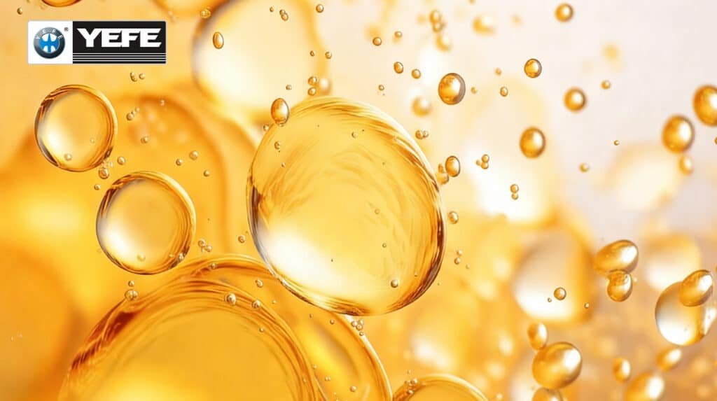 Golden, translucent oil droplets suspended in a soft-focus background, symbolizing the homogeneous molecular structure of YEFE’s fully synthetic engine oil. This visual metaphor illustrates the advanced refining and synthesis processes that create uniform hydrocarbon chains, resulting in enhanced oxidation resistance, reduced volatility, and consistent viscosity across extreme temperatures. The image reinforces the article’s core message: synthetic oils outperform conventional oils in thermal stability and long-term protection, especially in turbocharged or high-load engines. The clean, high-tech aesthetic aligns with YEFE’s commitment to precision engineering and performance-driven lubrication solutions.