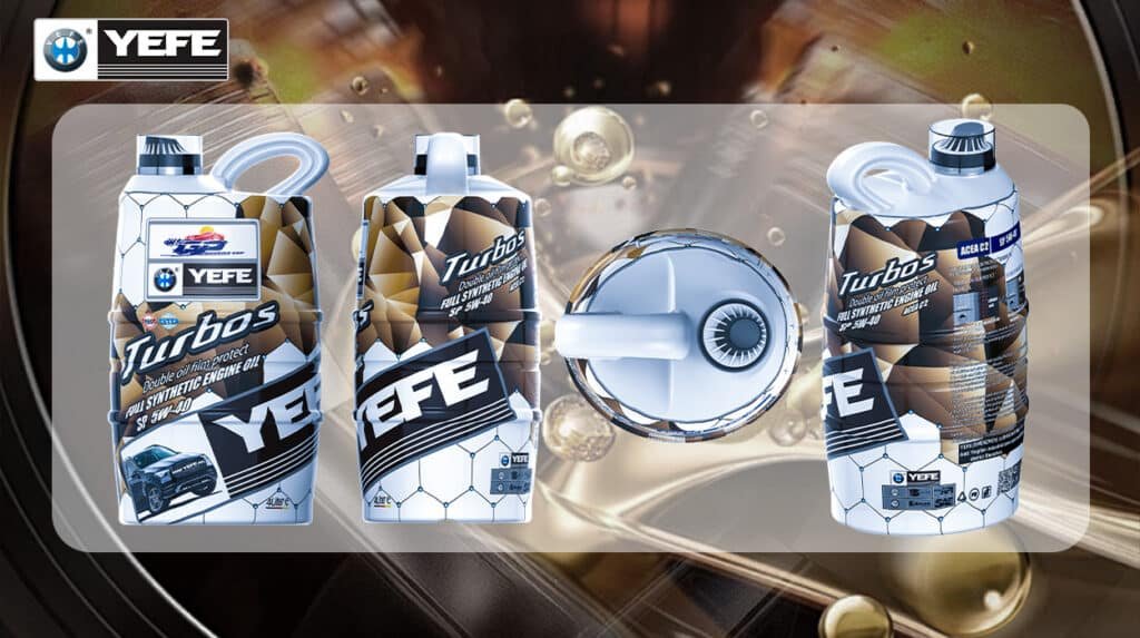 Three 4-liter bottles of YEFE Turbos Full Synthetic Engine Oil (SP 5W-40) are arranged in a row, with a detailed, semi-transparent view of a turbocharger's internal turbine wheel positioned in the center. This image supports the article "OEM Automobile Engine Oil Manufacturing Explained," demonstrating the oil's specific design for turbocharged engines. The visual connection between the product and the turbocharger underscores the oil's critical role in providing thermal stability and lubrication under extreme heat and pressure, a key requirement for modern engine technologies. It reflects the OEM manufacturer's responsibility to develop formulations that meet the exacting standards of contemporary automotive engineering.
