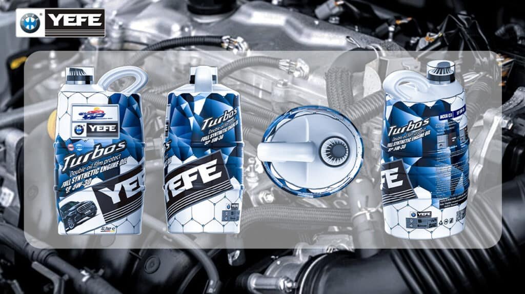Three bottles of YEFE Turbos Full Synthetic Engine Oil SP 5W-30 are displayed against a car engine background. The oil's "Double oil film protect" technology is designed for turbocharged engines, providing superior wear protection and performance. The 5W-30 viscosity grade offers a balanced solution for cold starts and high-temperature operation.
