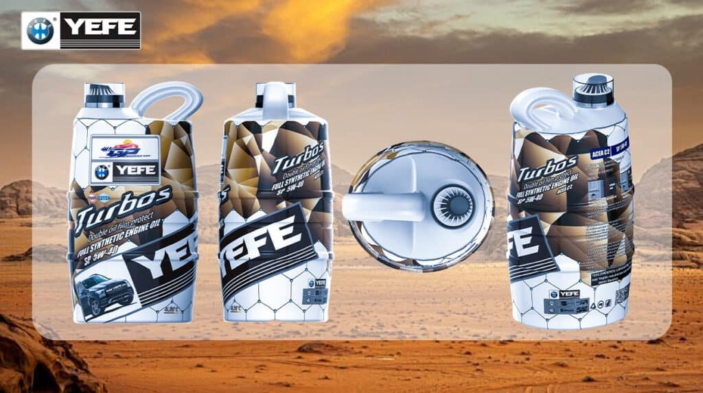 Three containers of YEFE Turbos SP 5W-40 fully synthetic engine oil are displayed against a desert backdrop, emphasizing their formulation for extreme heat and high-stress conditions. The labels highlight key technical specifications including API SP certification, ACEA C2 compliance, and "Double oil film protect" technology, designed to maintain viscosity stability and oxidation resistance in hot climates. This image visually supports the article’s guidance on selecting engine oil for high-temperature environments, demonstrating how the 5W-40 viscosity grade balances cold-start flow with high-temperature film strength. It reinforces the importance of choosing oils with proven performance standards to protect turbocharged engines from thermal breakdown, sludge formation, and wear under sustained heat, ensuring longevity and reliability in demanding operating conditions.