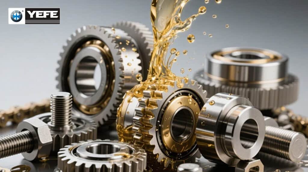Close-up of automotive engine timing pulley, belt and metal mechanical components, YEFE ATF CVT fluid, engine oil and belt lubricant solutions, supporting product portfolio for Indonesian and Vietnamese auto repair shops, complete transmission fluid range to increase customer order value alongside motorcycle oil core business