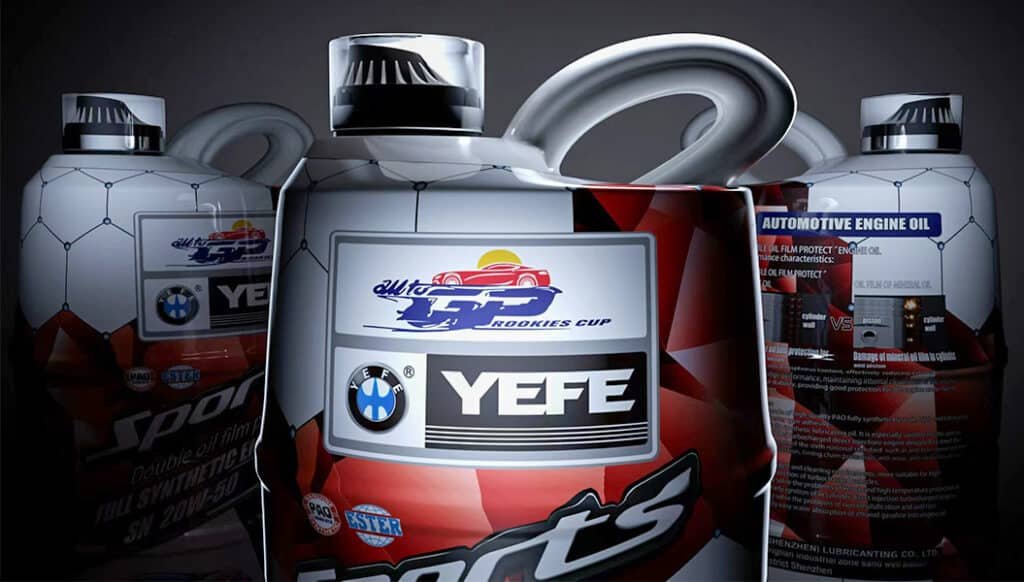 Front view of YEFE Sports ester PAO full synthetic motor oil 4L jug, dual Arabic & English label support, fully compliant with GCC GSO engine oil standards, SASO SABER & UAE ECAS EQM certification ready, OEM private label packaging service for lubricant exporters supplying Saudi Arabia, UAE, Qatar, Kuwait markets