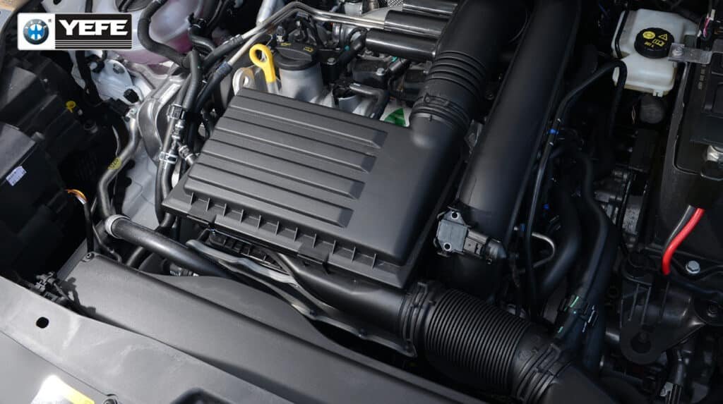 Real shot of BEV engine bay with integrated water-glycol cooling pipelines, radiator, expansion tank and air intake assembly, YEFE supplies EV dedicated low-conductivity water glycol coolant for battery pack and inverter thermal control, maintains optimal cell temperature 20–40°C to extend battery cycle life and fast charging performance