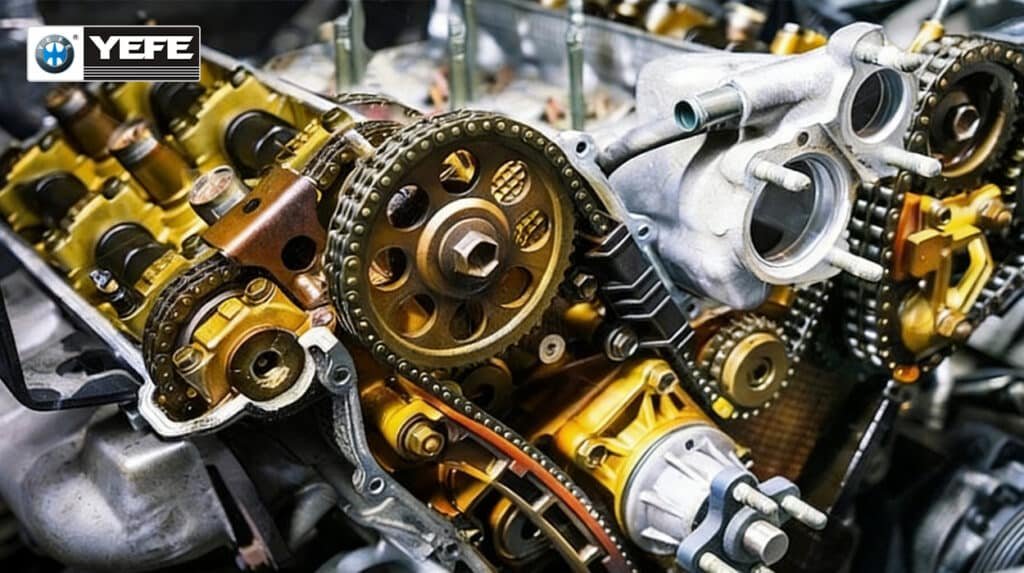 Close-up of car engine timing chain and metal gear assembly lubricated with YEFE full synthetic motor oil, high HTHS shear stability & anti-oxidation formula compliant with GSO 1785 SASO ESMA standards, designed for Middle East high-temperature tropical working environment, meets API SP ACEA C low SAPS specs for Saudi Arabia UAE lubricant exporters