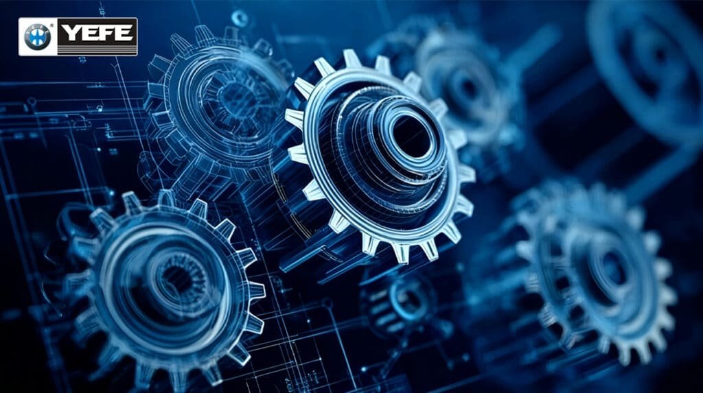 Wireframe blueprint rendering of electric vehicle motor gear and bearing assemblies, illustrates high DN speed, high-temperature operating environment of EV powertrain components, YEFE synthetic polyurea NLGI 2 grease delivers anti-EDM, low NVH, long-life lubrication protection for EV motor bearings, OEM-grade formulation for new energy vehicle manufacturers and tier 1 suppliers