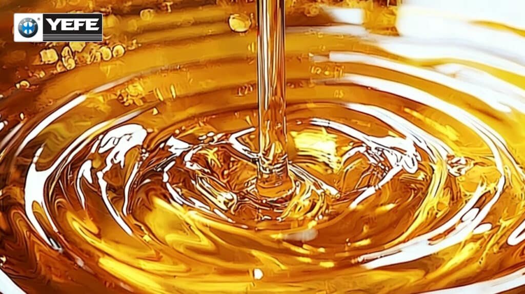 Close-up flowing golden YEFE oil-based EV thermal management fluid with smooth ripple texture, dual-function dielectric cooling & lubricating oil for wet electric motor e-axle systems, high heat transfer efficiency, low electrical conductivity, excellent oxidation stability, solves high temperature and heat dissipation demands of new energy vehicle powertrains