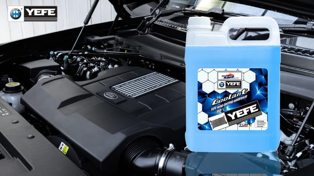 YEFE factory -40℃ long-lasting blue engine coolant antifreeze 4-liter canister displayed with modern car engine bay, full series covers IAT, OAT, HOAT inhibitor technologies for classic cast iron vehicles and modern aluminum engines, OEM-certified cooling fluid supplied to global auto distributors and repair shops with professional lab corrosion testing