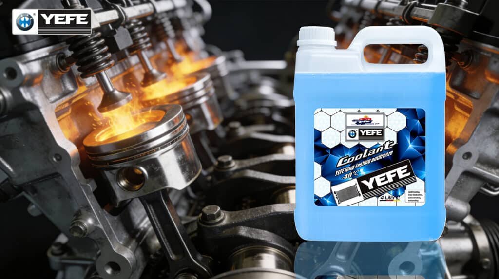 YEFE long-lasting -40℃ concentrated ethylene glycol coolant 4L canister with engine piston combustion background, adjustable 30%, 50%, 70% mixing ratio for mild, temperate and extreme cold climates, OEM certified antifreeze supplied to global auto repair shops and fleets, lab-verified freeze and boil performance charts available for distributors