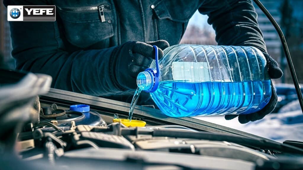 Professional mechanic refills YEFE blue antifreeze coolant into vehicle expansion tank in cold outdoor environment, explains scheduled coolant change intervals for IAT/OAT/HOAT fluids, regular fluid replacement prevents inhibitor depletion, engine corrosion and overheating for passenger cars and commercial fleets, technical maintenance guide for auto repair workshops