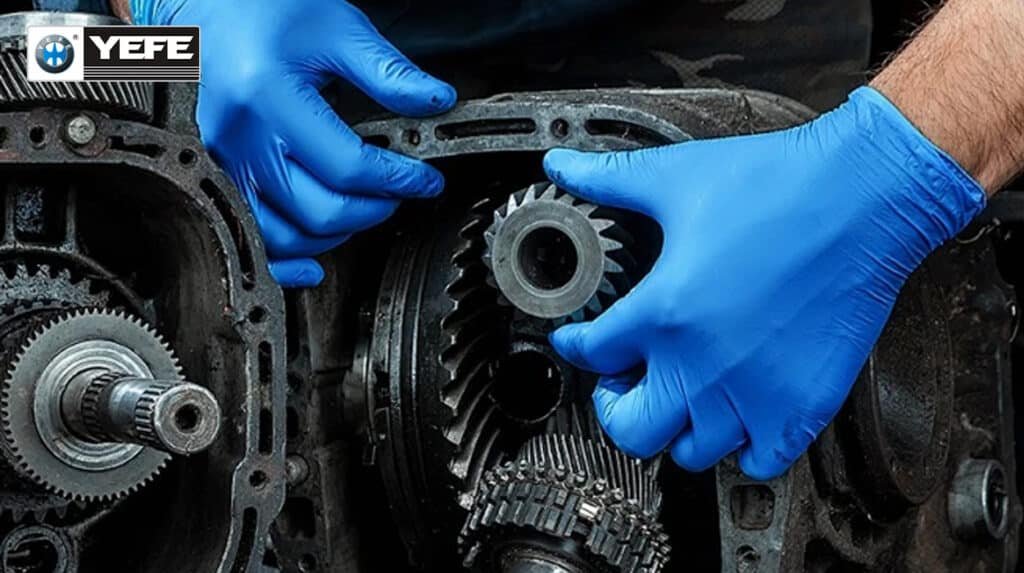 Professional maintenance technician inspecting electric vehicle integrated e-axle internal gear and bearing parts, guide workshops and distributors to select YEFE EV-specific NLGI 2/3 bearing grease matched to motor speed, load and temperature conditions, avoid premature bearing wear, abnormal noise and shortened EV powertrain service life under long-term high-speed operation