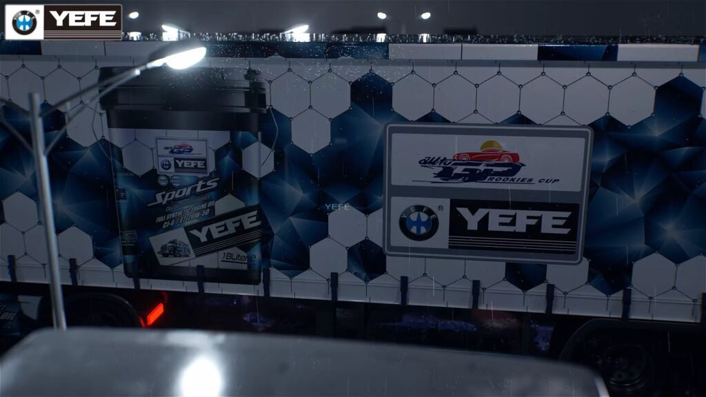 High-speed F1 race car wrapped in YEFE Sports racing lubricant livery, premium full synthetic motor oil formulated for high-temperature dusty African road conditions, ideal for lubricant importers supplying used cars, motorcycles and commercial fleets across Africa, supports private label OEM packaging with 1L,4L,18L multi-size packs