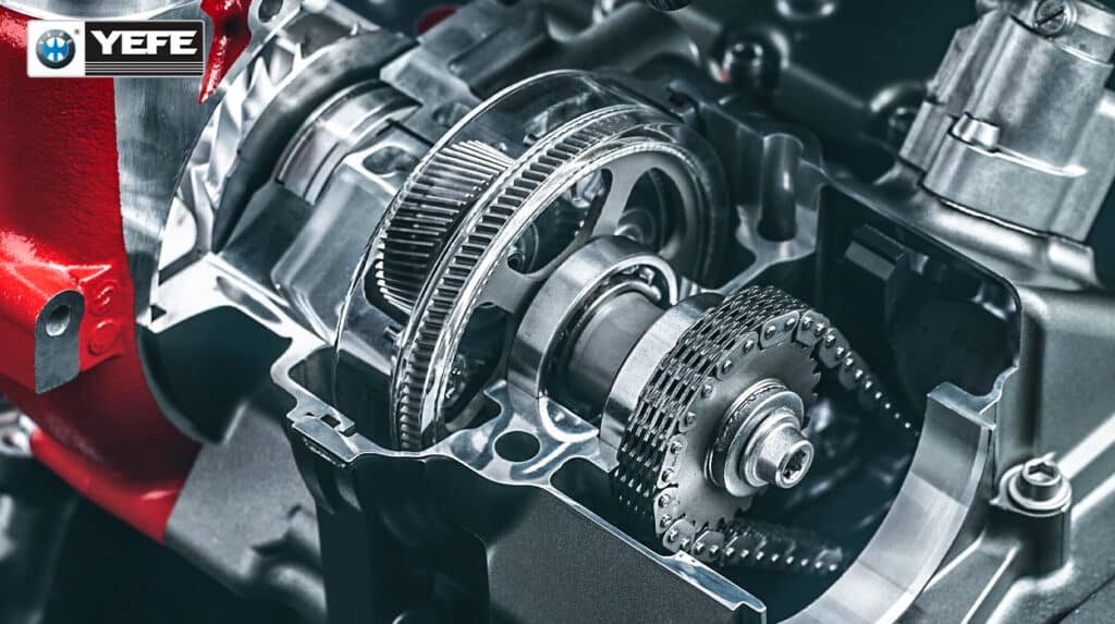 Close-up of vehicle engine timing gear, chain and metal alloy internal parts, proper YEFE coolant concentration ratio (30%/50%/70%) provides balanced anti-corrosion, freeze and boil protection for mixed metal engine parts, avoid scale and overheating caused by incorrect glycol-water mixing proportions