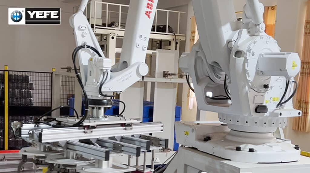 ABB robotic automation equipment inside YEFE lubricant factory, fully automatic blending, filling and packaging production lines supporting industrial private label grease OEM/ODM customization, strict ISO quality control, complete batch traceability, flexible MOQ for cartridges, pails, drums and IBC bulk packaging for industrial distributors and factory buyers