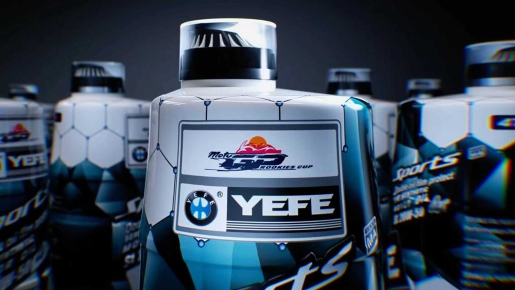 Close-up shot of YEFE Blue Oil motor oil bottle front label with Moto GP racing branding, high VI fully synthetic engine oil formulated for high temperature heavy load vehicles, export lubricant OEM private label supply for Southeast Asian auto aftermarket shops