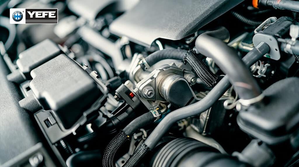 Cutaway of passenger car engine wiring, valve and cooling system components, YEFE SP grade full synthetic motor oil provides anti-oxidation & anti-wear protection under tropical high heat conditions, compatible with Japanese mini trucks, manual & automatic transmission supporting lubricant system