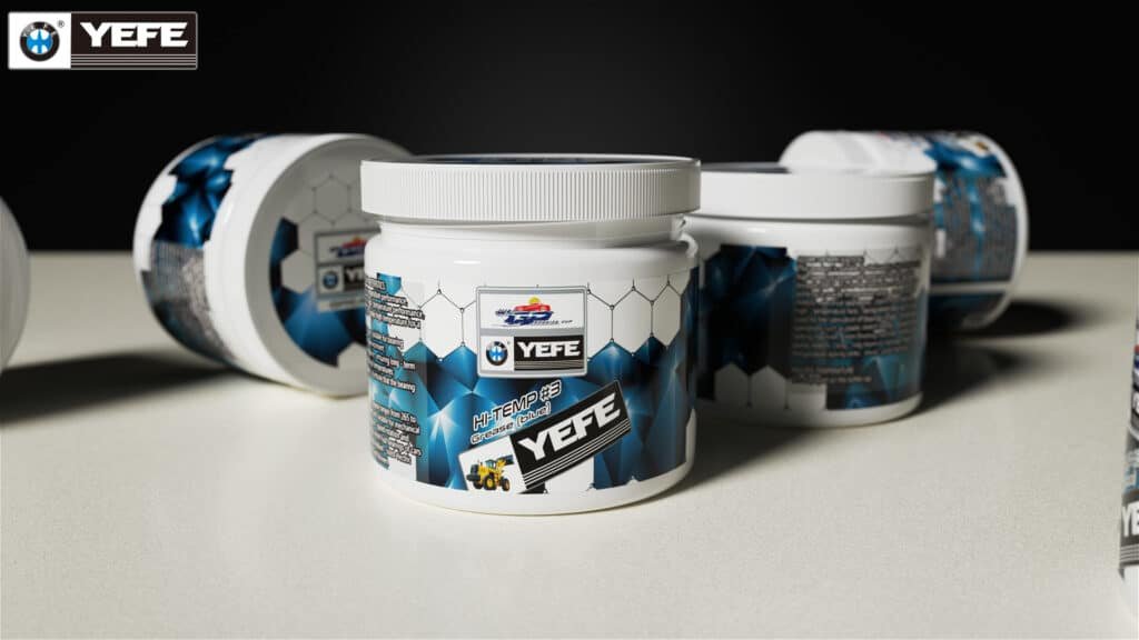 Display of YEFE HI-TEMP #3 blue high-temperature multipurpose grease plastic tubs, stable viscosity & strong oxidation resistance for Southeast Asia hot humid tropical climate, ideal for construction machinery, mining equipment, truck chassis bearings under long-time high-temperature stop-start operation, available for distributor private label packaging in multiple sizes