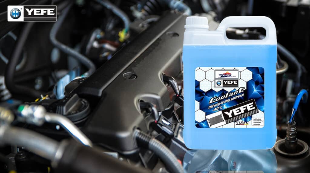YEFE -40℃ ethylene glycol coolant 4-liter canister with car engine bay backdrop, OAT/HOAT/IAT full product line customized for high-temperature tropical & desert markets, excellent boil-over protection and long-term corrosion inhibitor stability for auto parts distributors, workshops and commercial fleets in hot climate countries, factory lab high-temperature performance test certified with OEM specification compliance, supply private label and technical training support for global distributors