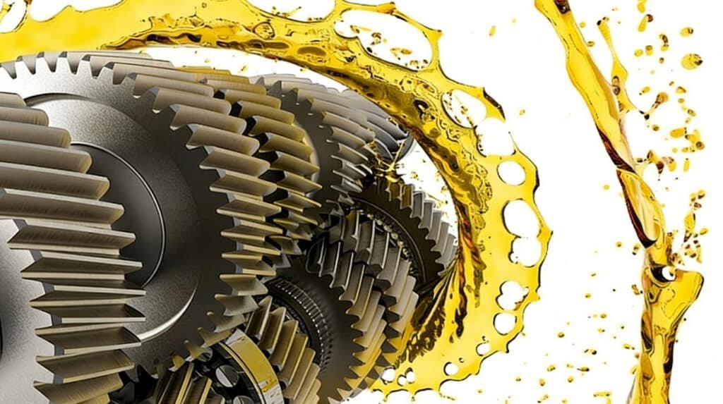 Premium golden synthetic lubricant flowing over interlocking metal gear sets, high viscosity index anti-wear oil with strong antioxidant additives, suitable for desert, tropical high-temperature dusty mining & construction equipment, prevents oil thinning, sludge and abrasive wear in harsh global climate zones