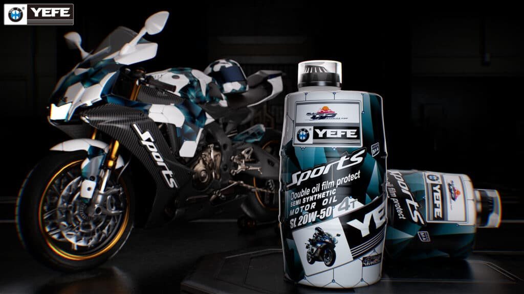 YEFE Sports semi-synthetic 4-stroke motorcycle engine oil 1L packaging with racing motorbike background, high oxidation resistance & anti-emulsification formula adapted to hot humid tropical climate of Indonesia, Vietnam, Thailand, stable viscosity under high temperature stop-start riding, JASO MA certified for two-wheelers in ASEAN markets