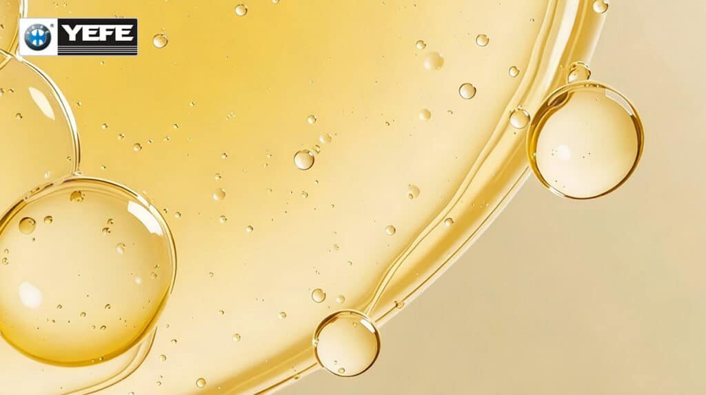 Flowing golden premium synthetic base oil with transparent bubbles, core raw material for YEFE engine oils matching GSO 1785-1:2024 & GSO 1785-2:2023 standards, excellent viscosity retention under Middle East extreme heat, full lab test reports & SDS documents for SABER ECAS certification of lubricant importers