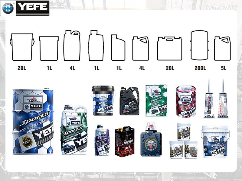 Private label lubricant packaging customization options from YEFE with multiple bottle, pail, drum, and tube formats