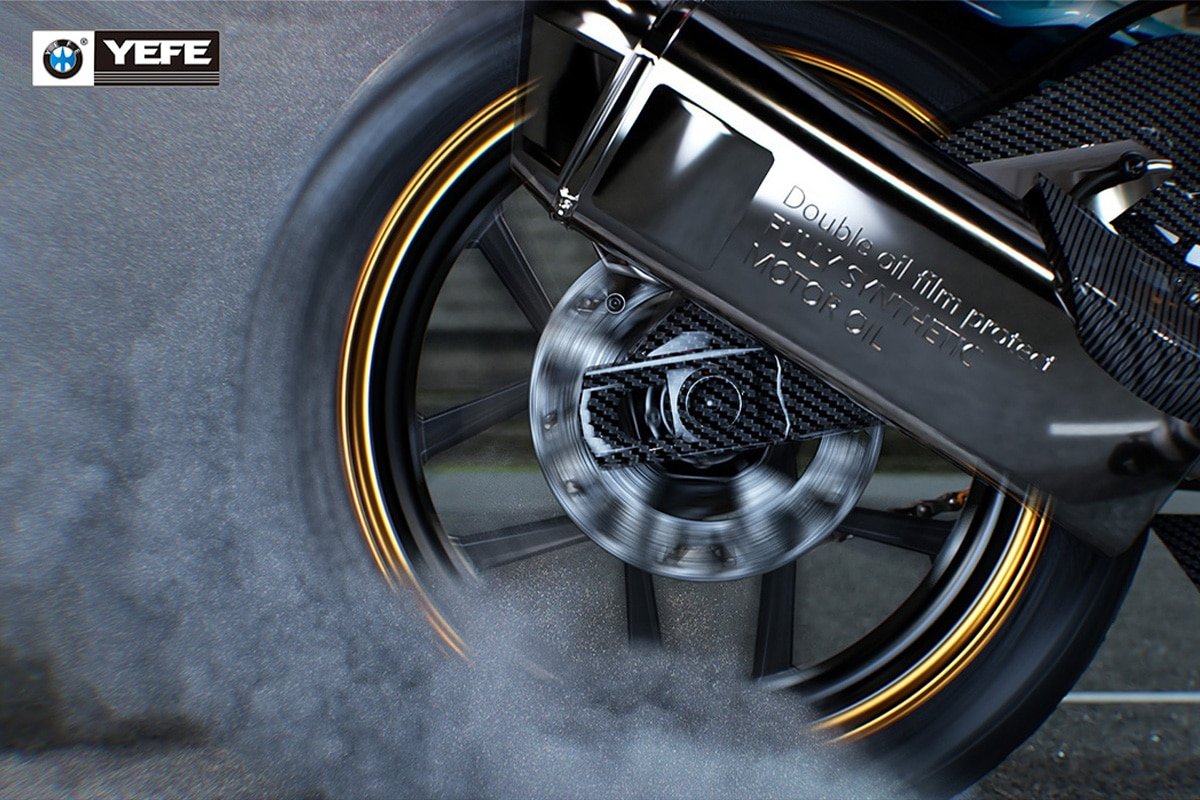 Close-up of a high-performance motorcycle rear wheel and brake disc, representing engine oil protection for demanding riding conditions