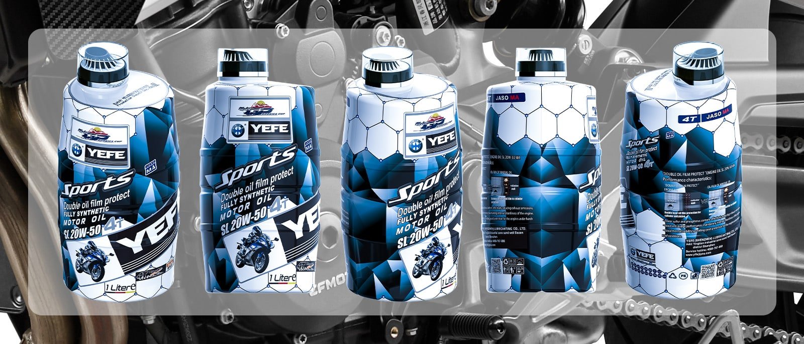 Front and back views of YEFE Sports fully synthetic 4T motorcycle engine oil in 1-liter packaging