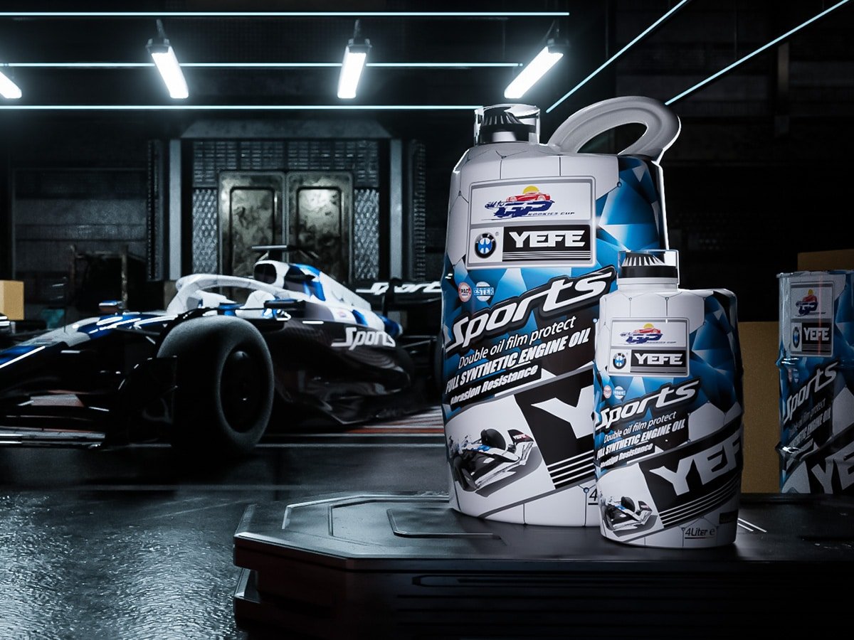 YEFE fully synthetic engine oil containers displayed beside a performance car for passenger vehicle engine protection