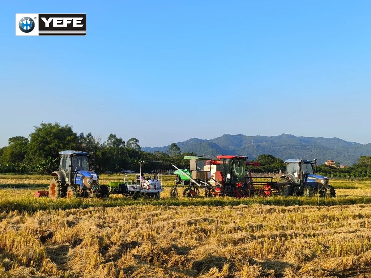 Tractors and harvesting equipment operating in a field, representing lubricant solutions for demanding agricultural machinery applications